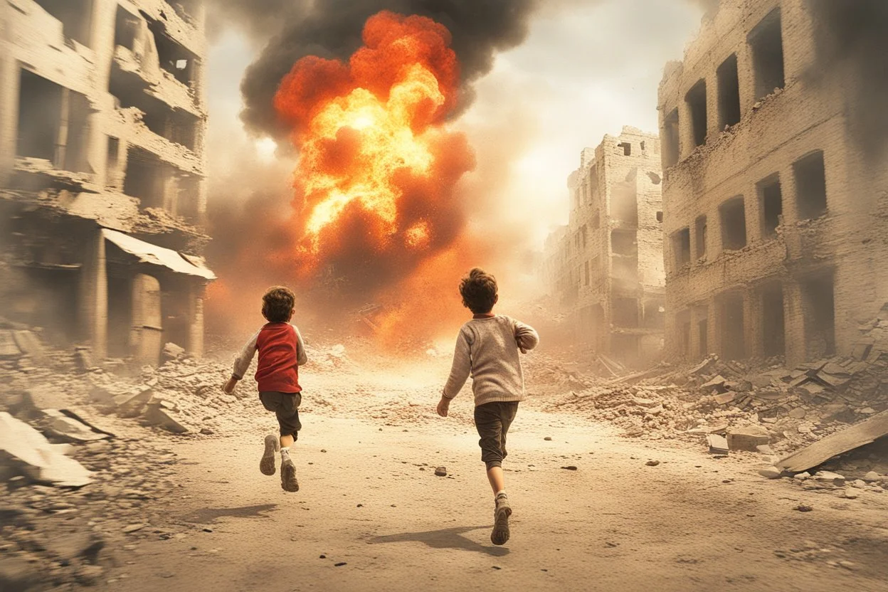 bloody children running from bombs in a ruined city in Palestina, smoke and fire and explosions