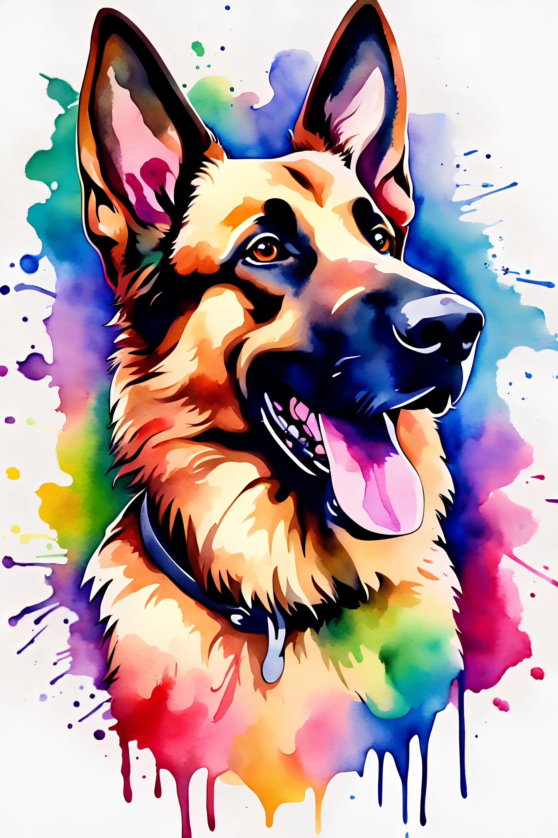 Masterpiece watercolor painting of a german shepard, simple logo background, watercolor painting STYLE, ultra detailed character, joyful lighting, vibrant rainbow color scheme.