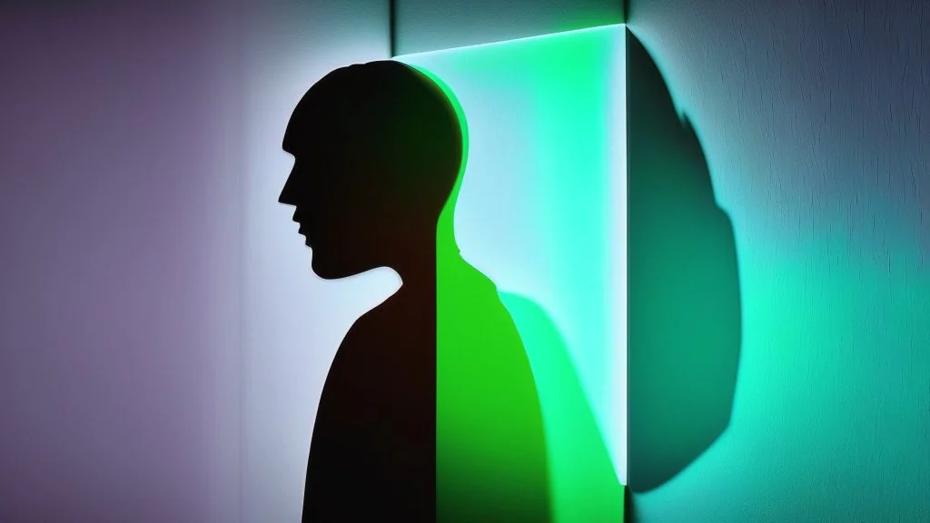 shadow made of different colors of a person looking for information on a large screen