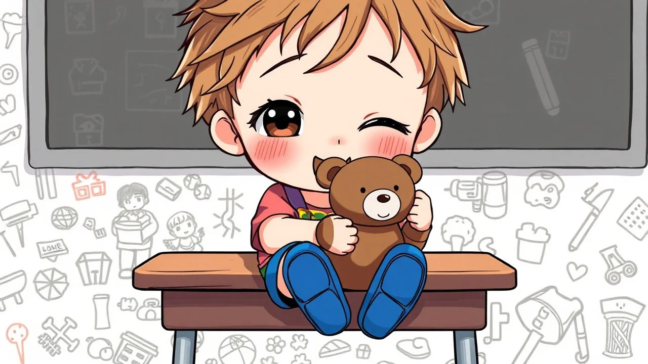 detailed digital art style, cute anime, detailed chibi face with smile, sitting on school desk in hand a bear toy, in colorful t-shirt and short paint and blue shooes, , messy hair random drawing background, child book style, highly detailed, no photorealism