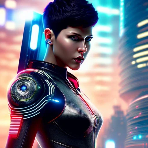 Katheryn Winnick, Cyborg anime warrior, cyberpunk, light black short hair, pixie hairstyle, cobalt eyes, waist up portrait, 8k resolution, retroanime, intricate details, neon details, soft lighting, vibrant colors, masterpiece, intricate eyeliner, dark eyeshadow, eyes, intricate tattoos, gradient background