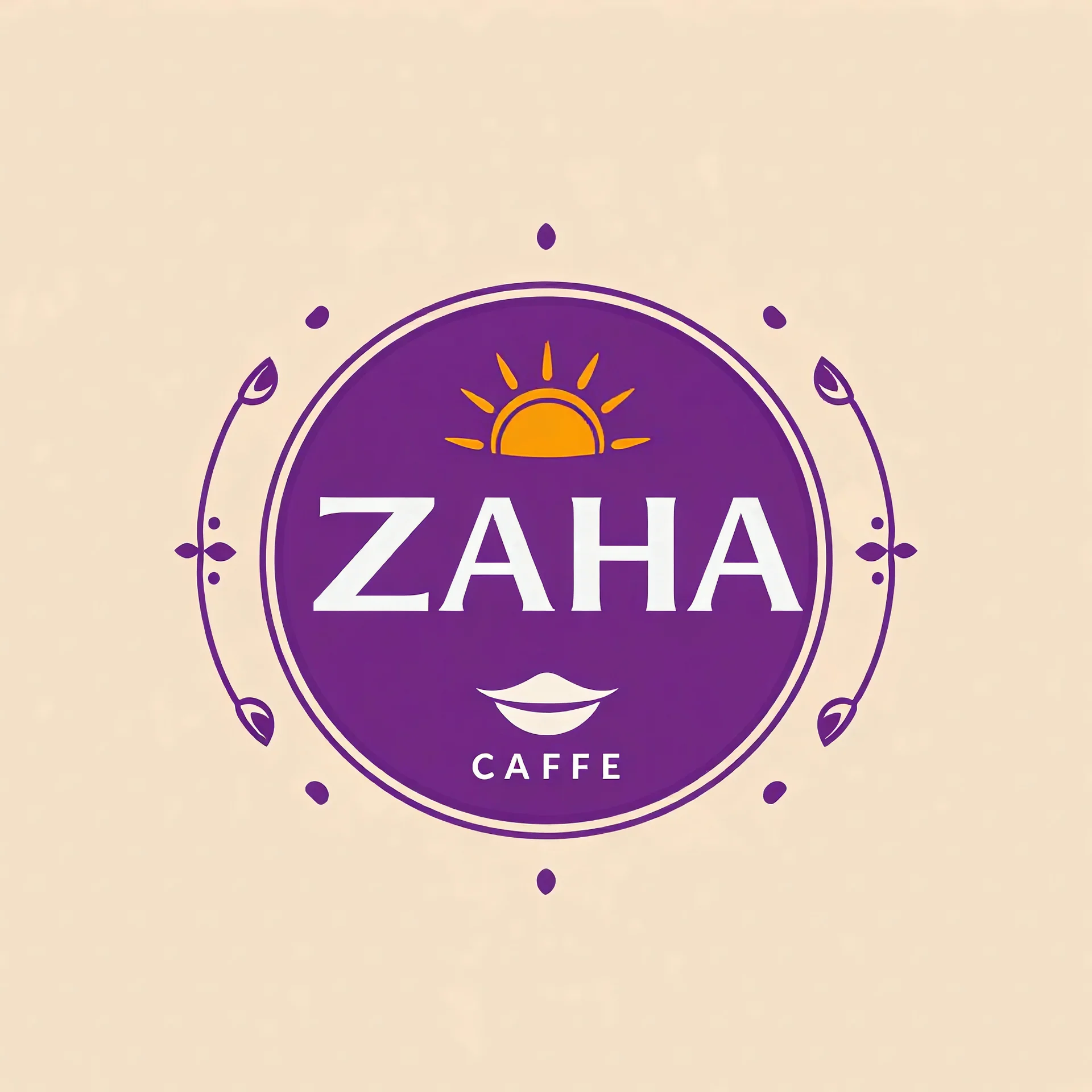 A circle face logo with the name (ZAHA) for a cafe with a symbol of the sun and a purple theme