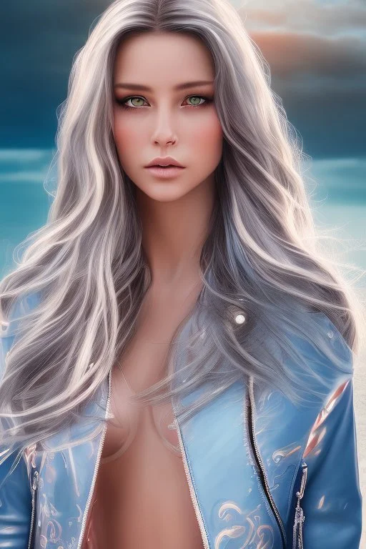 half body shot,realistic portrait of a 20-25 old caucasian model, long blue pink flowing hair, great grey eyes, blue leather jacket,full body, short white skirt,long legs,standing at beach of very nive lake with sunset ,clouds,godrayes