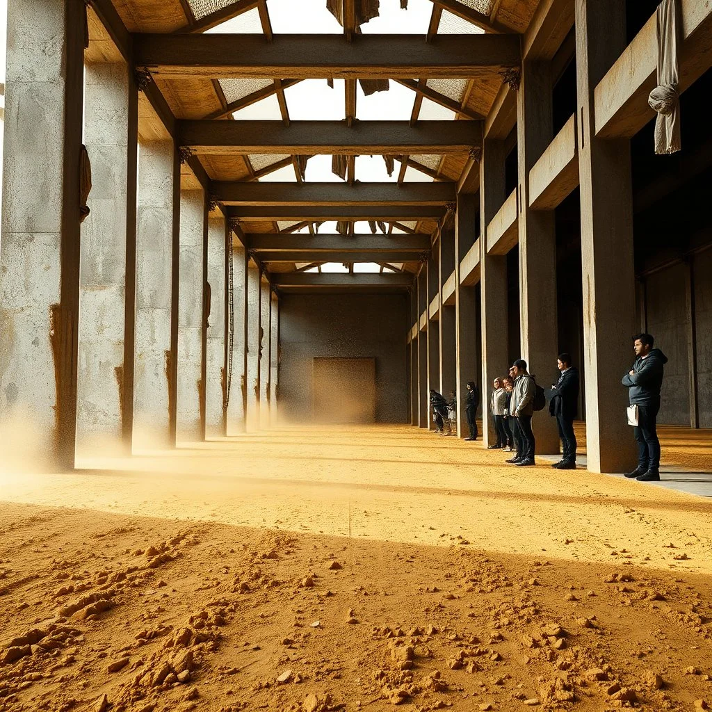 Photograph, fili, cubo, rags, struttura, daylight, brutalist, spectators, museo style, telo nero, powder, punto giallo,minimalist, details of the dust very accentuated, 8k, deep 3d field