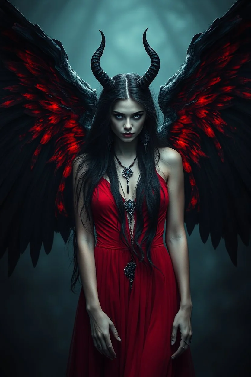 Daughter of Lilith, beautiful, wild woman, stunningly terrifying and powerful personality, with black wings in a red dress, long, dark hair with suggestive dark eyes, wonderful, ancient woman, a demonic woman who controls with her strength, power, sharp focus, high detailed, high realistic, master photo, pale lights, deep night, eerie atmosphere, gothic, dark mystic atmosphere, stunning, masterpeace, cinematic, master photo