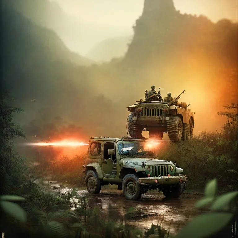 vietnam war. war report. jeep in jungle. poster. bokeh. lens flare. warm lights. high detailed. beksinski