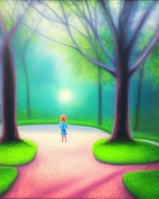 park mystical dream, park bench, man, woman, child, dog, trees, path, bird, sunshine, mystical, fantasy, romanticism, pastel colors, daylight, daytime, acrylic painting, detailed, soft focus,