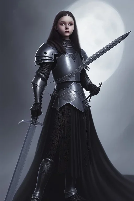 Wednesday Adams, in a black knight armour, holding an ebony sword, protrait, beautiful, high detail, night light