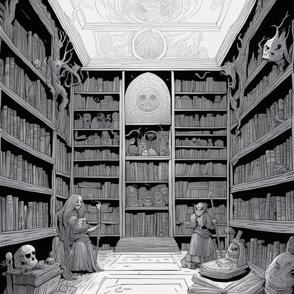 in a library [mexican comics Head Lopper style by Andrew MacLean] this ancient library and laboratory of an invisible wizard, shelves are ancient totems with sacred carvings. Surrounded by spiritual energy, the place calls upon the power of the magic to protect the spell caster.