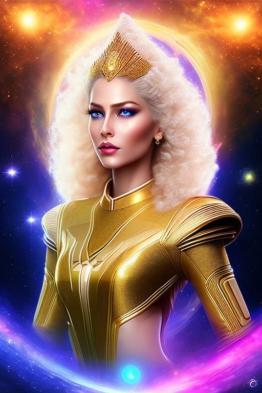 Beautiful tall woman Pleiadian galactic commander, ship, perfect detailed face, detailed golden galactic suit, high rank, long blond hair, hand with five perfect detailed fingers, amazing big blue eyes, smiling mouth, high definition lips, cosmic happiness, bright colours, blue, pink, gold, jewels, realistic, real photo, bright and sunny background, very detailed, high contrast, high definition 8k, pixel 512X512, unreal engine 5, extremely sharp details, light effect, br