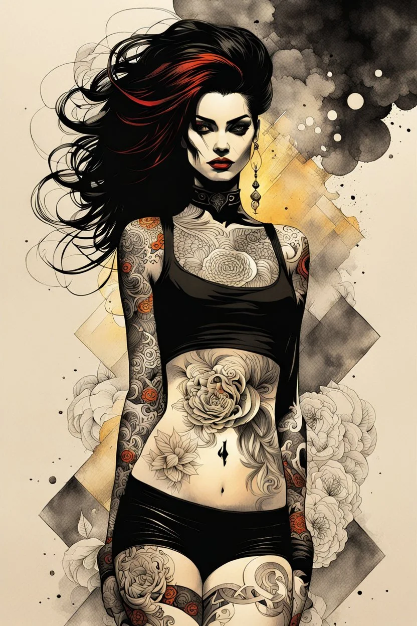 an abstract and serene full body lithographic illustration of a tattooed goth girl with highly detailed hair and facial features , finely drawn and inked, 4k, hyper detailed and vibrantly colored in the comic art style of Bill Sienkiewicz and Frank Miller