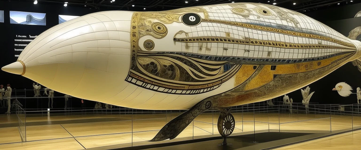 A white bird shaped airship painted by Gustav Klimt