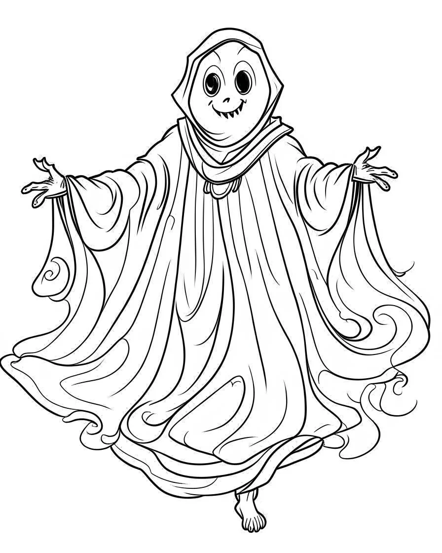 outline art for halloween coloring pages for kids with ghost , white background, Sketch style, full body, only use outline, clean line art, white background, no shadows and clear and well outlined, coloring page for kids,