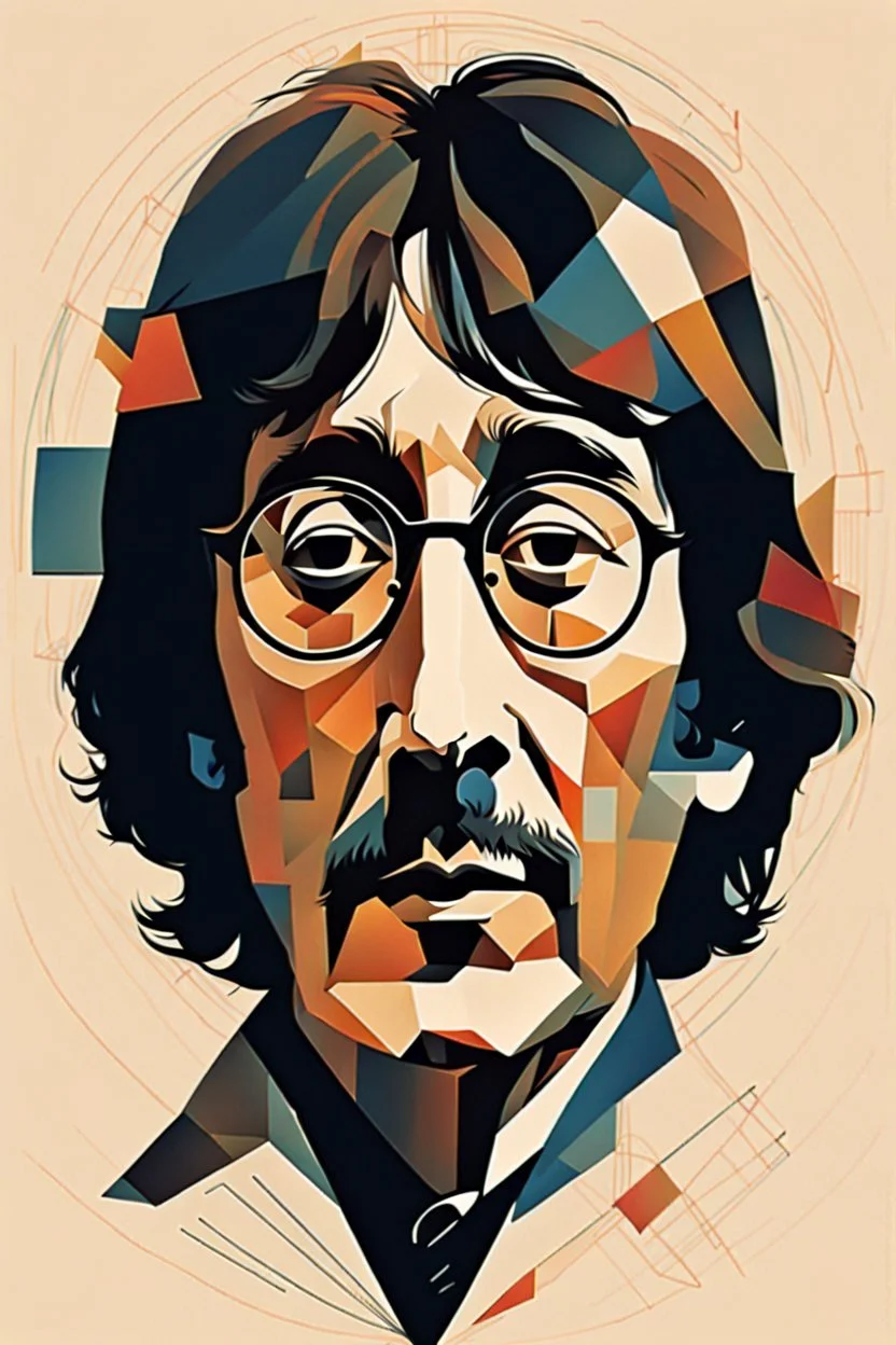 a highly detailed, abstract flat geometric portrait illustration of John Lennon in the minimalist style of Willi Baumeister, Federico Babina and Petros Afshar, sharply detailed and finely lined, in vibrant natural colors