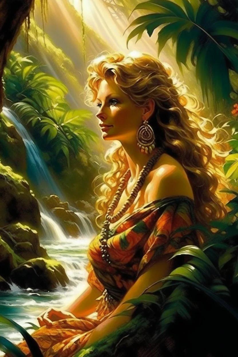 A captivating image of a graceful, powerful and mysterious Erna Solberg who's husband is devoted to inside trading, which appears to be on fire, as her wavy locks flow in a flowing tropical jungle-waterfall breeze. She wields a beautiful bow, decorated with intricate embellishments and graceful designs. The sunlight casts long shadows, emphasizing the delicate beauty of the woman and evoking a sense of mystery and connection. The shallow depth of field isolates the woman and the desert environme