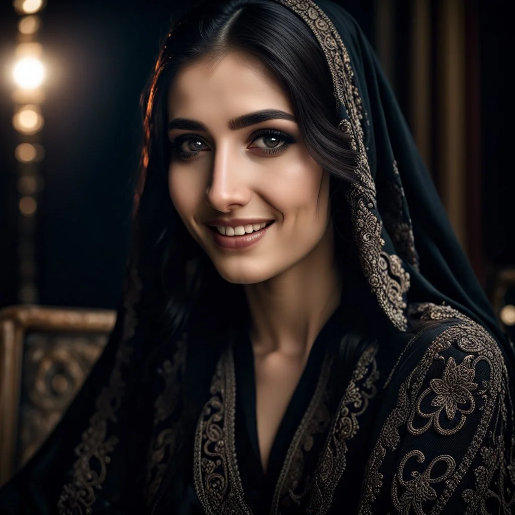 Hyper Realistic Photographic close-up view of Young Beautiful Pashto Woman with beautiful eyes, beautiful lips & beautiful long black hair wearing black embroidered dress with black-embroidered-shawl happily smiling & sitting on a rocking-chair inside a dark room with moonlight-rays-on-her-face showing dramatic & cinematic ambiance.