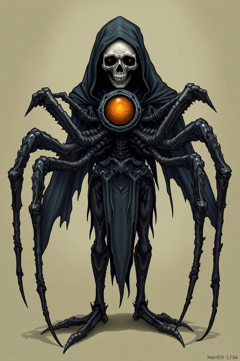 Death warmed over is a half flesh half machine version of the grim reapler with 8 spider like eyes and a central eye to see everying else.