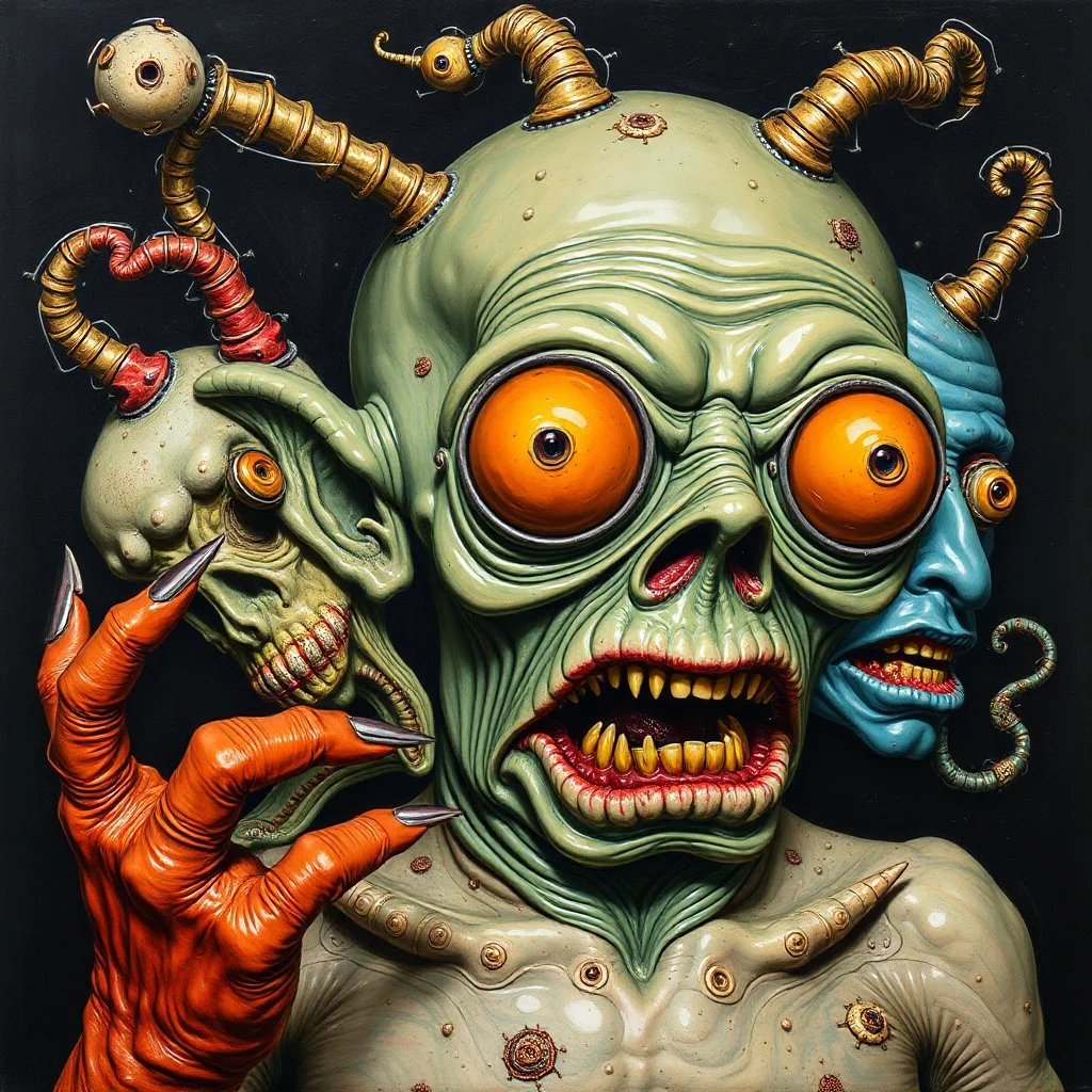 The oddest coagulation and mixture of beings, glossy finish, details very accentuated, stunning style, oniric, George Grosz, Max Ernst, James Ensor, disturbing, blatant, gross, funny