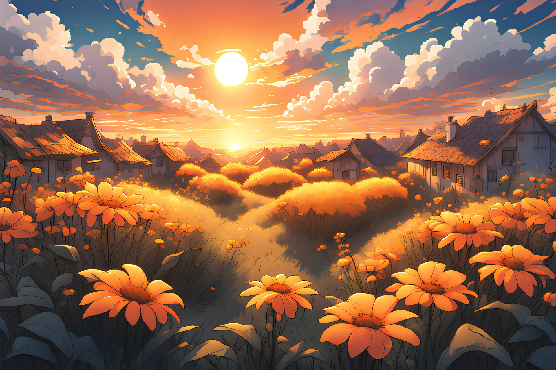 overhead shot, village, evening time , sun set, flower plants, grasses, orange, yellow sky, dynamic white clouds, magnificent, vibrant, hdr, 4k, 8k, anime style, vector art, low angle shot, aesthetic, Mysterious