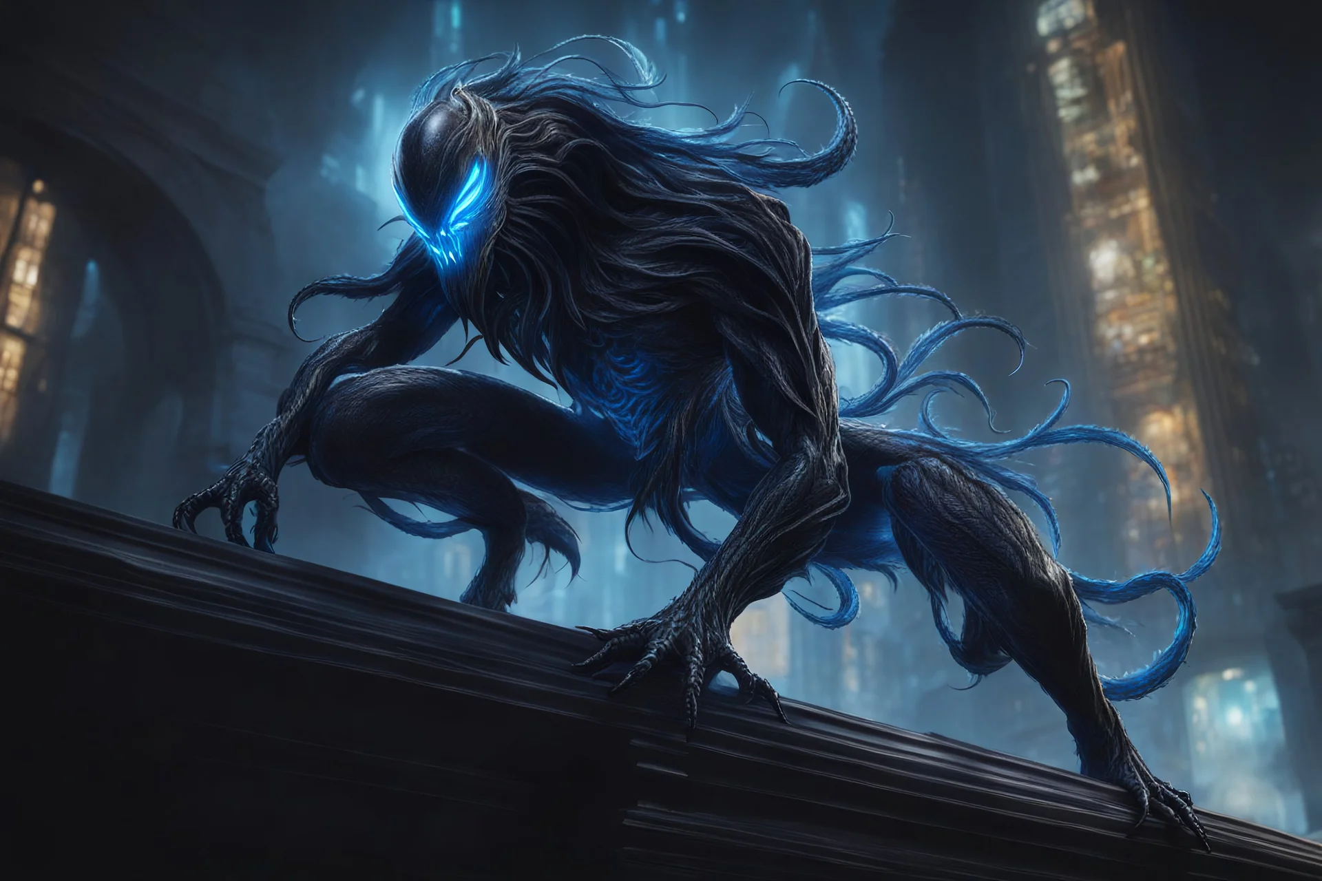 Huge symbiote in 8k solo leveling shadow drawing, Cthulhu model, neon blue lights, Chaos sea, intricate details, highly detailed, high details, detailed portrait, masterpiece,ultra detailed, ultra quality