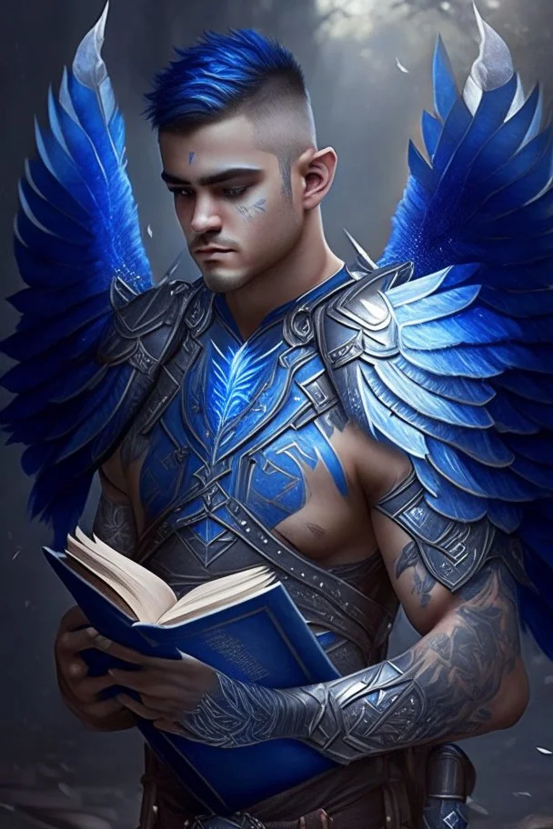 a person in runic armor with blue wings, blue short hair, runic tattoo and spell book, male