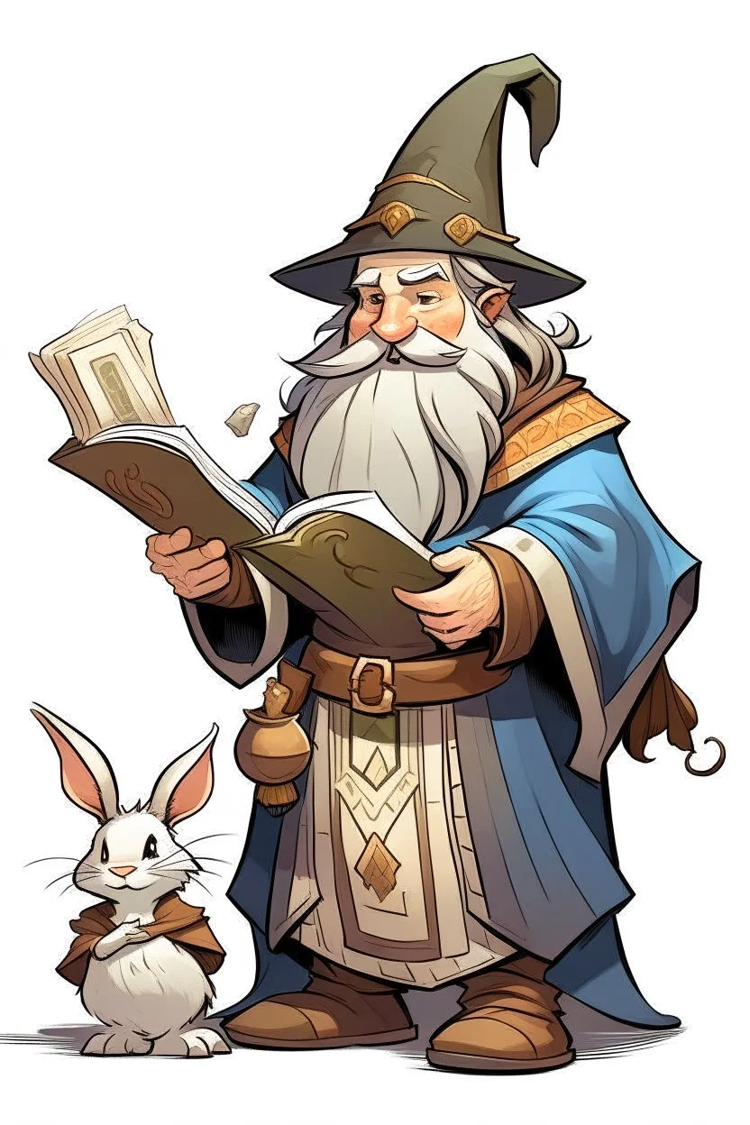 young Dwarven student wizard with a D on his robes and taking a rabbit out of a hat