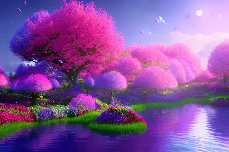 monde en fleurs, blue lake, flower tree-houses, concept art, crépuscule , fuksia bleu oranger, vibrant Color, réaliste, riviere bleu, tree-house bougainvillier, roses