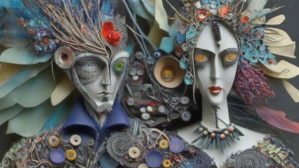 Insanely detailed, surreal couple made of quilling with found scraps of mixed media including metal, mirrors, feathers, foliage, flowers, leather, buttons, jewels, twigs, plastics, glitter, shells, fabrics, twine, and thread.