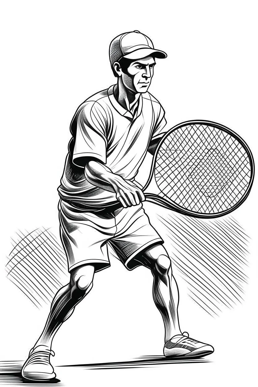 A black and white image of a classic tennis player performing a backhand swing on a grass court. Style: Vintage Photography, Mood: Timeless and Skillful, Lighting: Sunlight with soft shadows, T-shirt design graphic, vector, contour, white background.