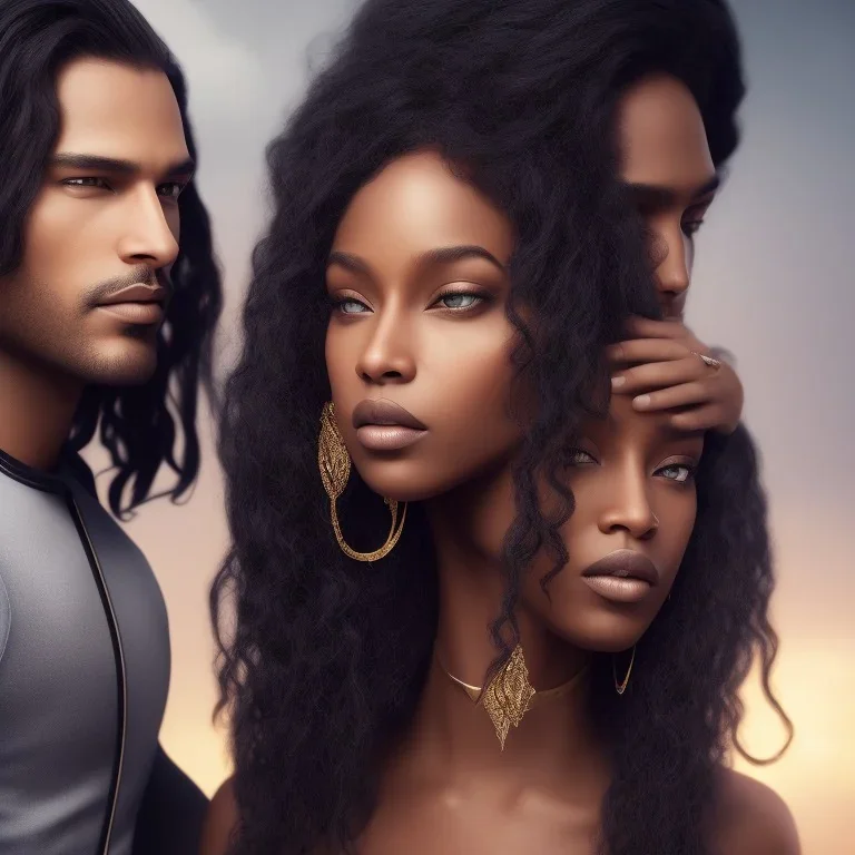 Beautiful black woman with long black hair standing next to a handsome dark haired muscular white man, fantasy, ethereal, soft lighting, realistic lighting, HD 8K