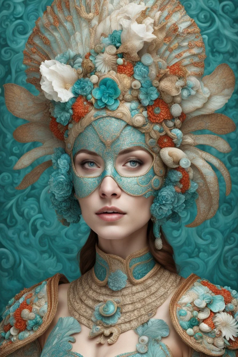 Beautiful woman portrait, adorned with m white blue and turquoise metallic filigree floral embossed and jade and malachite ribbed mineral stone colours and beige eggshell ocous and sea horse colour and brown and coralls red mollusk shell headdress, venetian style mollusk shell face masque and wearing sea costume armour ribbed with irridescent bioluminescense Golden dust and mollusk shell ribbed costume organic bio spinal ribbed detail of full extremely detailed hyperre