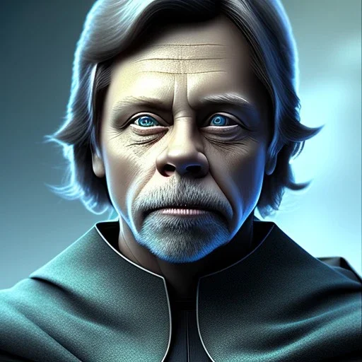 upper body photorealistic jedi mark hamill in Star Wars, sharp blue eyes, photorealistic weathered skin, dark jedi robe, cinematic lighting, intricate