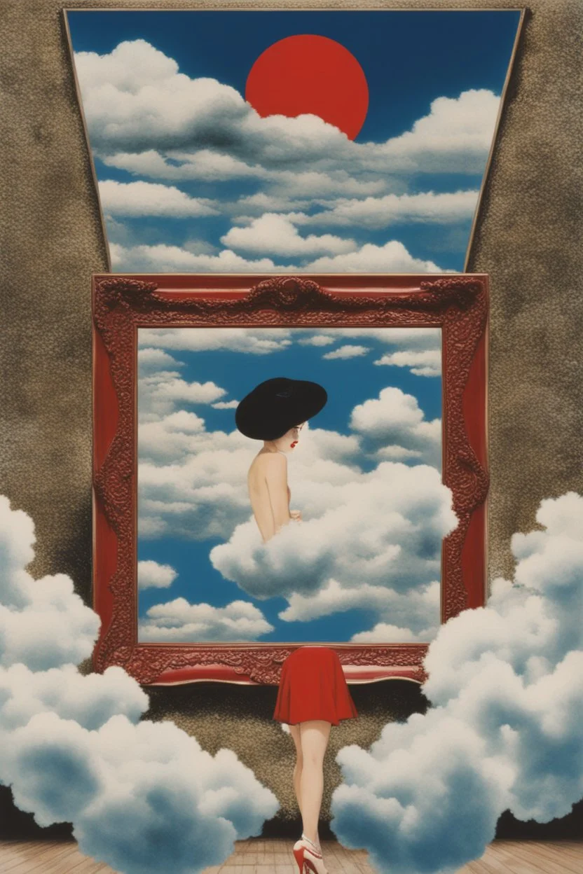 cloud in blue sky, a red lip, collage art, shuji terayama, dreamy objects, surreal, criterion collection, showa era, intricate details, mirror