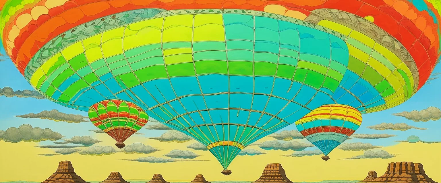 A cyan cloudy sky with rainbow airships designed in Navajo baskets painted by Zosan