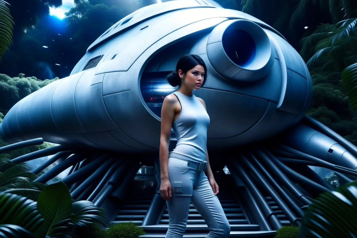 photorealistic slim woman with dark hair and white boots in a heroic pose in front of a fat wide spaceship in the jungle