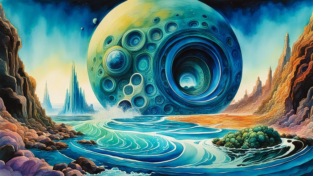 create a wildly abstract and chaotic illustration of an inter-dimensional portal to the highly detailed lost antediluvian civilization of Atlantis, utilizing fluid organic shapes, painted in the watercolor style of Roger Dean, finely textured, , colored, and inked