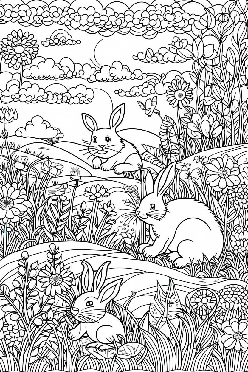 STRESS RELIEF themed coloring page for adult, cartoon style, thick outline, low details, no shading, no color, A cute meadow with fluffy bunnies serene hills and wildflowers