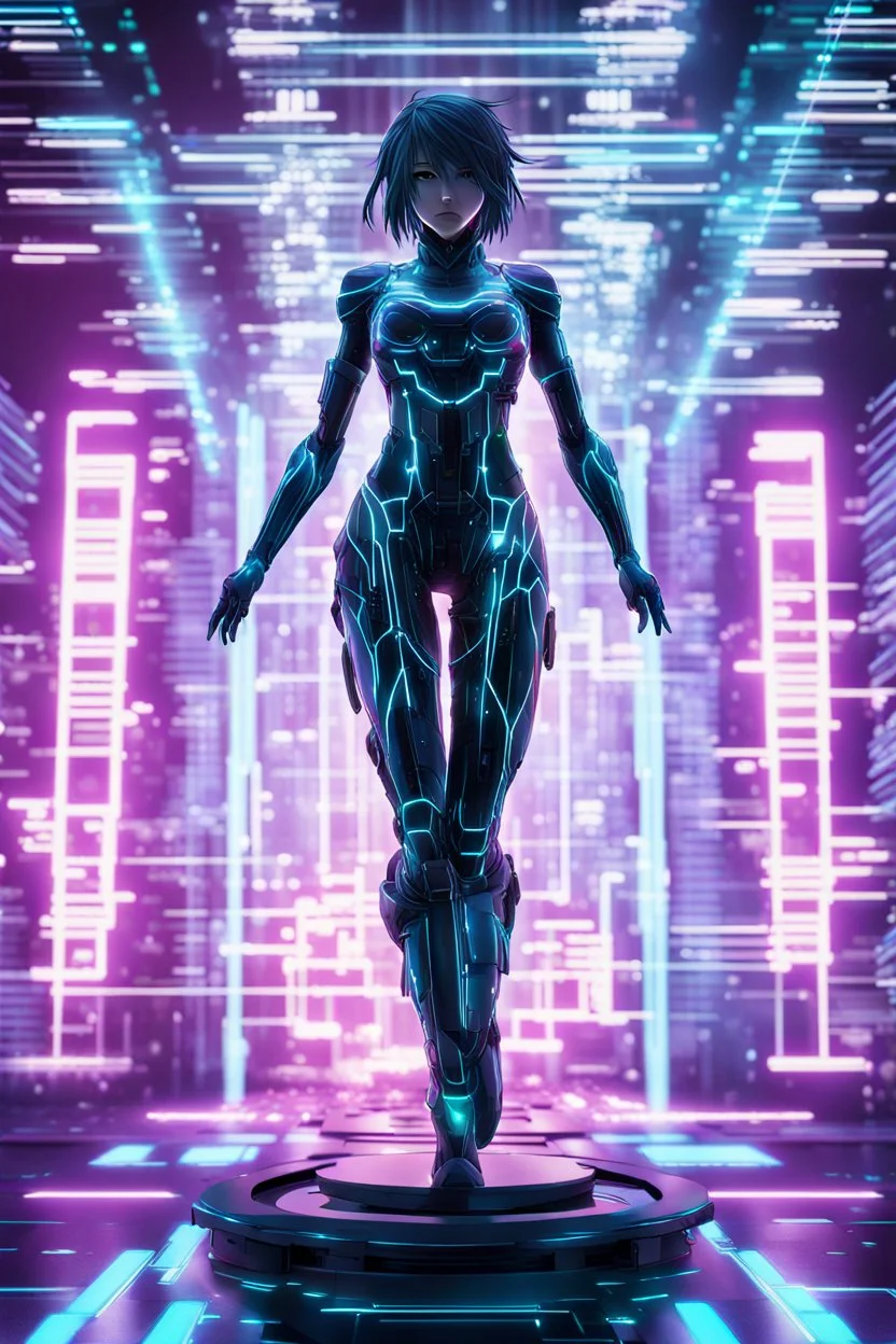 (masterpiece, best quality, highres:1.2), (intricate and beautiful:1.2), (detailed light:1.2), (colorful, front angle), up close futuristic matrix hologram , it's in the form of a 3D statue, emerged in the air, part of the hologram is a stunning anime female, dynamic action pose, emo, goth and dark theme, tight red dress(abstract art gallery background:1.3), (cinematic), ultra realistic kawai, mysterious look