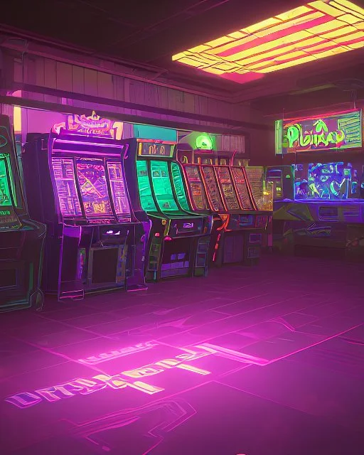 A dark photo of the corners of an 80's aesthetics arcade at night, with a lot of functioning arcade machines, a vaporwave floor and some colorful tiles in between the floor. Purple aesthetics. There are some pizza boxes over some of the arcade machines. The wall has a ticket shop who sells plushies, food and laser tag guns