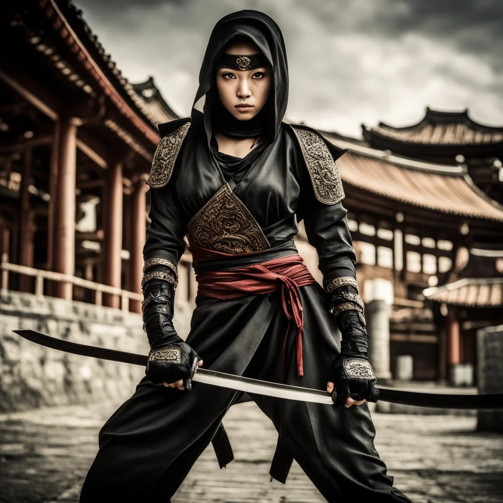 Behold the powerful alluring and pretty ninja woman, her body adorned with the traditional ninja costume, HDR, beautifully shot, hyperrealistic, sharp focus, 64 megapixels, perfect composition, high contrast, cinematic, atmospheric, moody