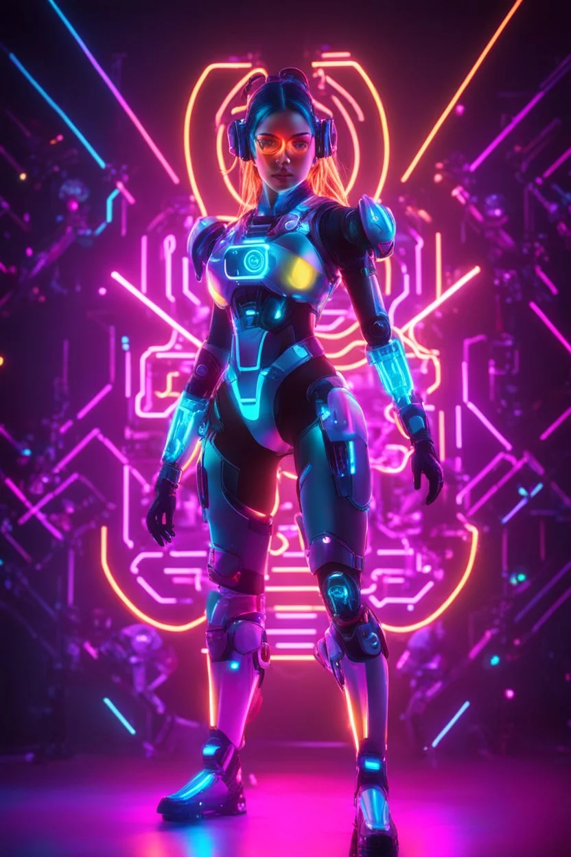 dj girl with fullbody robotic colorsfull glowing neon,light shining neons colorfull background