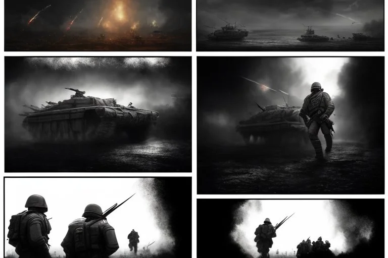 Masterpiece1:5)(Fineart), (award-winning:1.5), highest quality, (ultra realism:1.5) war journalism(,(by Tim Page and Hoorst Faas:1.5))(photorealistic:1.8), (Eastern Ukraine:(panel one:the moment after a battle ends, horrors of war, wounded men),(2nd panel, cinematic shot of men sitting in trench with 1000 yard stare (focus on their eyes:1.5)),(the third panel shows troops tired but hyper alert), (the fourth panel shows the sky is filled with incessant, fire and smoke,)