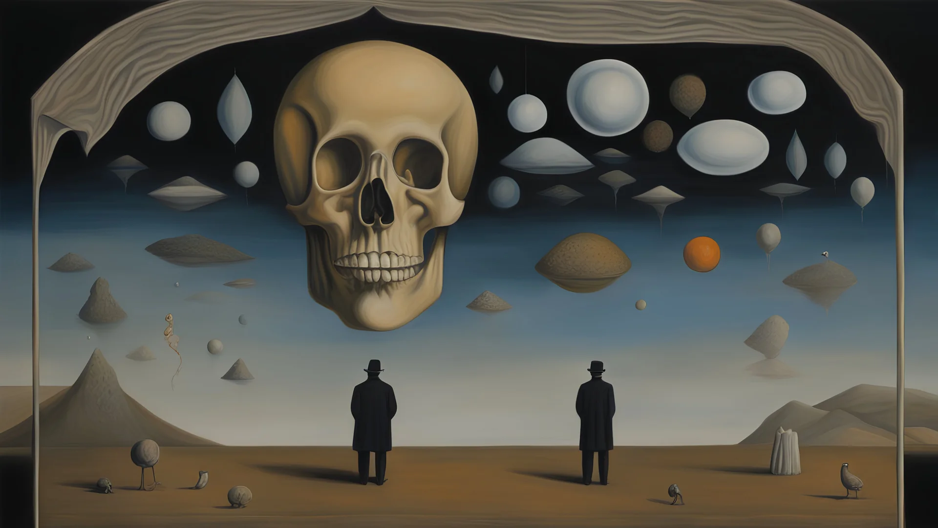 "surrealist painting called 'today I am thinking about death by dali and picasso and magritte and Breughel