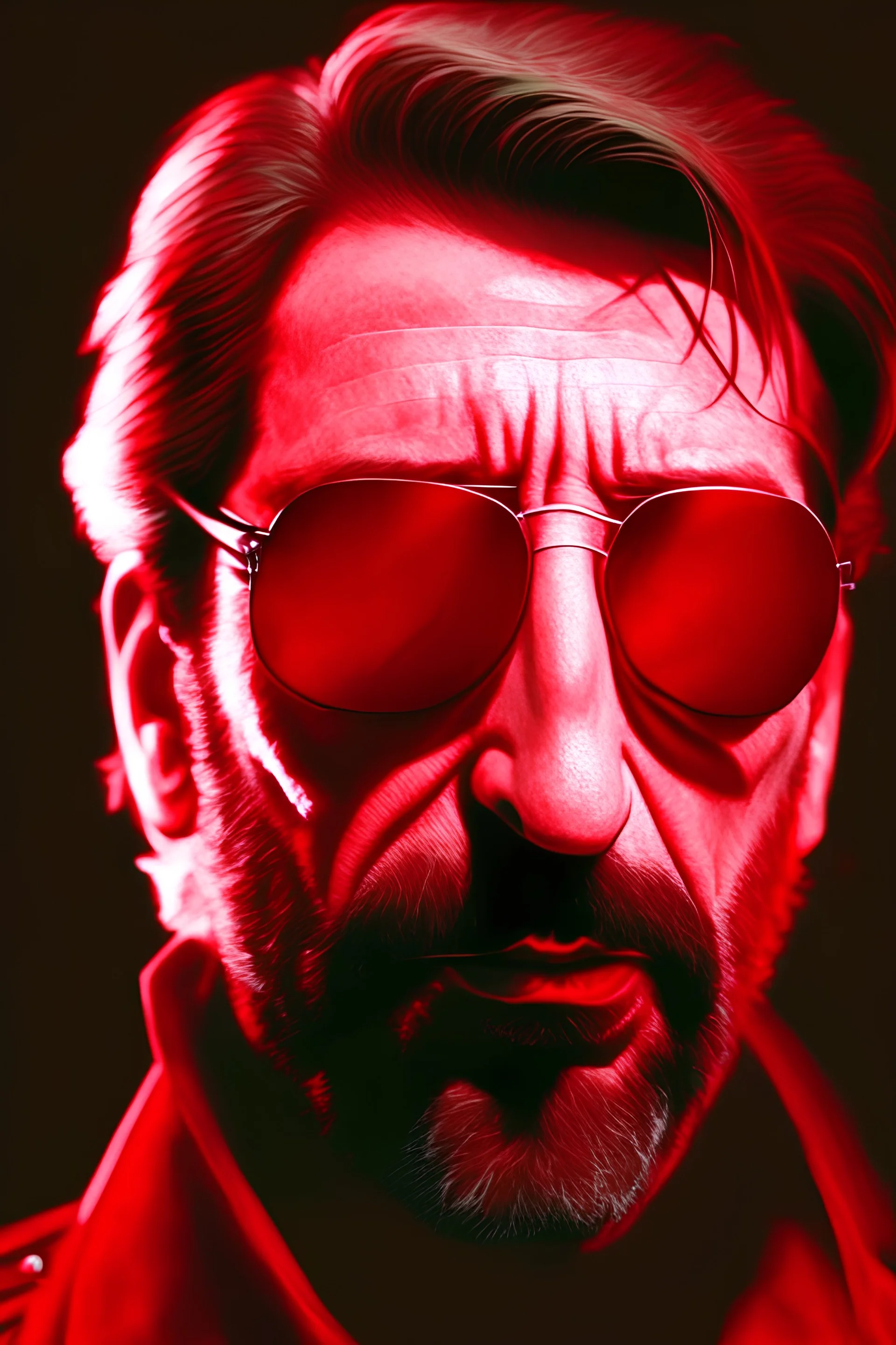 an evil, intimidating looking Hans Gruber wearing red-tinted glasses