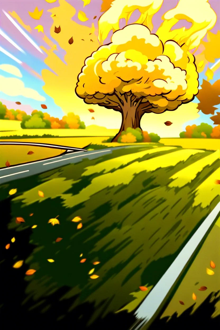 top right corner is a nuclear explosion cloud, top of explosion looks like a autumn tree full of leaves, add leaves falling everywhere in foreground, bottom 2/3 is a road through a road, a wind is blowing away from the tree. a commercial building is on the middle left