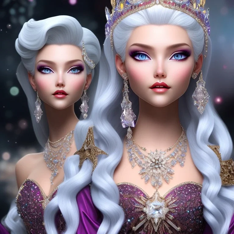 Ice Princess with white hair smilling, a crown with precious stones, bright background