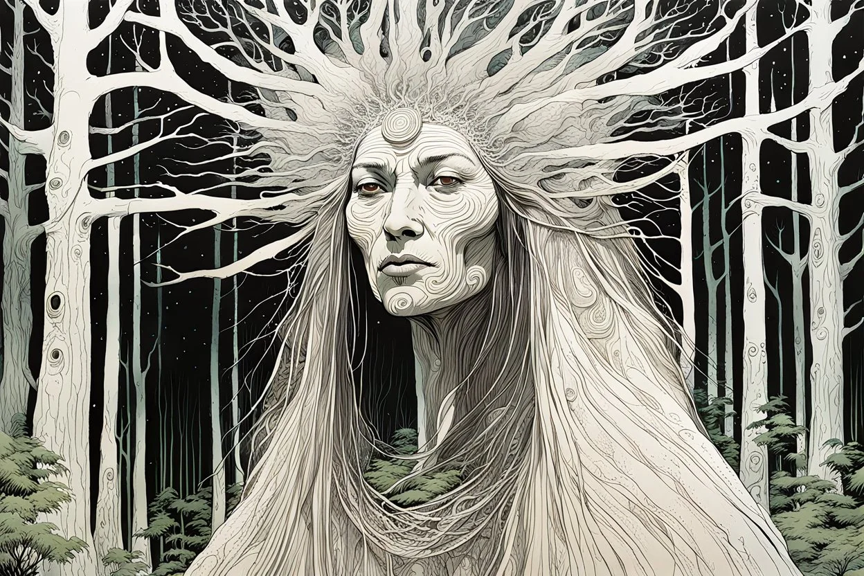 create an abstract expressionist lithographic print of a ghostly tribal druid priestess, with highly detailed, delicate feminine facial features, inhabiting an ethereal Northern forest of ancient hemlocks, in the comic book style of Jean Giraud Moebius, David Hoskins, and Enki Bilal, precisely drawn, sharply defined, boldly inked, in the pale colors of the midnight moon