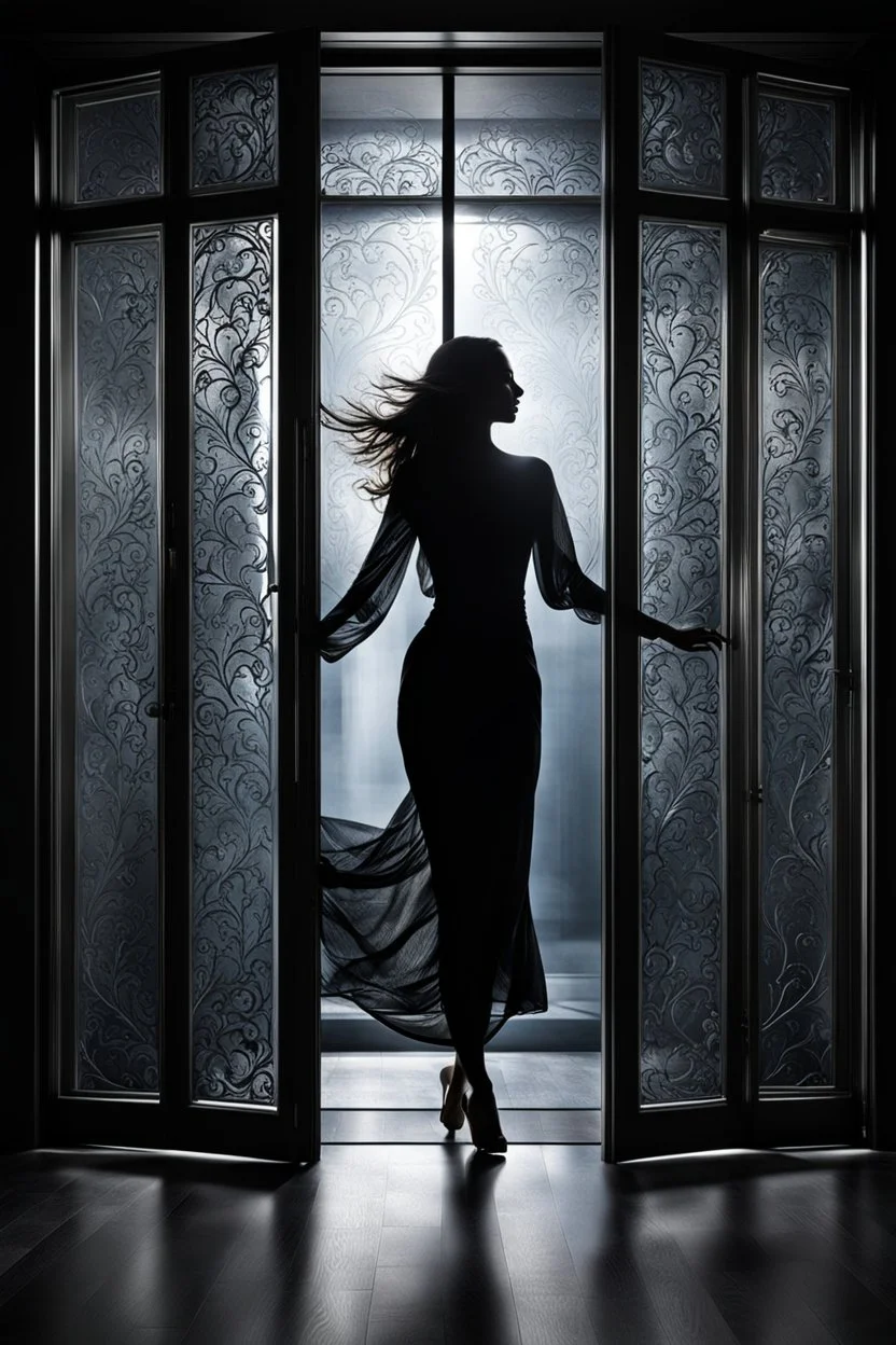 front of is the glass door, a dark silhouette of a dancing woman behind the glass door , front of it is the glass door, high quality, highly detailed, stunning, high realistic picture, impressive, sharp focus, perfect body, perfect shot, professional photo