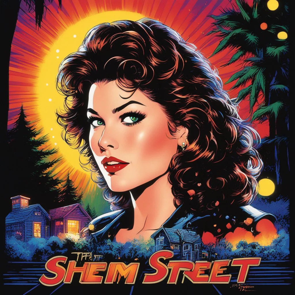 an illustration for the comic "she is the [style is lite brite art, luminous and colorful designs, pixelated compositions, retro aesthetic, glowing effects, creative patterns, interactive and playful, nostalgic charm, vibrant and dynamic arrangements] An official promotional image for the 1987, A Nightmare on Elm Street 3: Dream Warriors. Heather Langenkamp as Nancy Thompson Robert Englund as Freddy Krueger