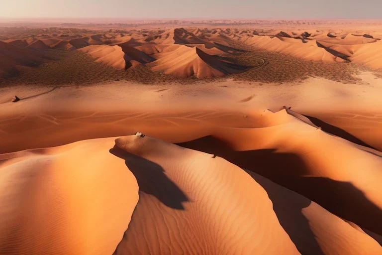 Extreme long shot, Birds Eye view, Arabic desert skyline, smooth, god rays, unreal engine 5, ray tracing, RTX, lumen lighting, ultra detail, volumetric lighting